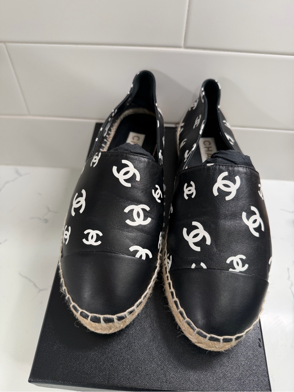 CHANEL Black Leather Espadrilles with White CC Logos - Picture 4 of 6